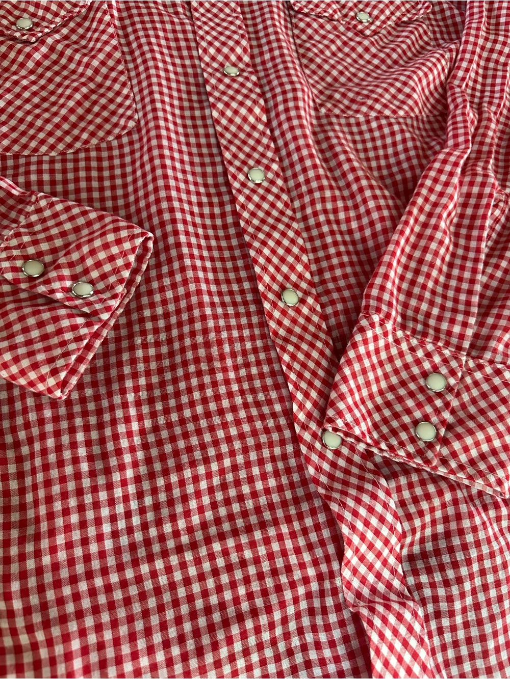 Vintage 70s 80s Wrangler Red Gingham Pearl Snap Western Shirt USA Made M - Picture 7 of 10